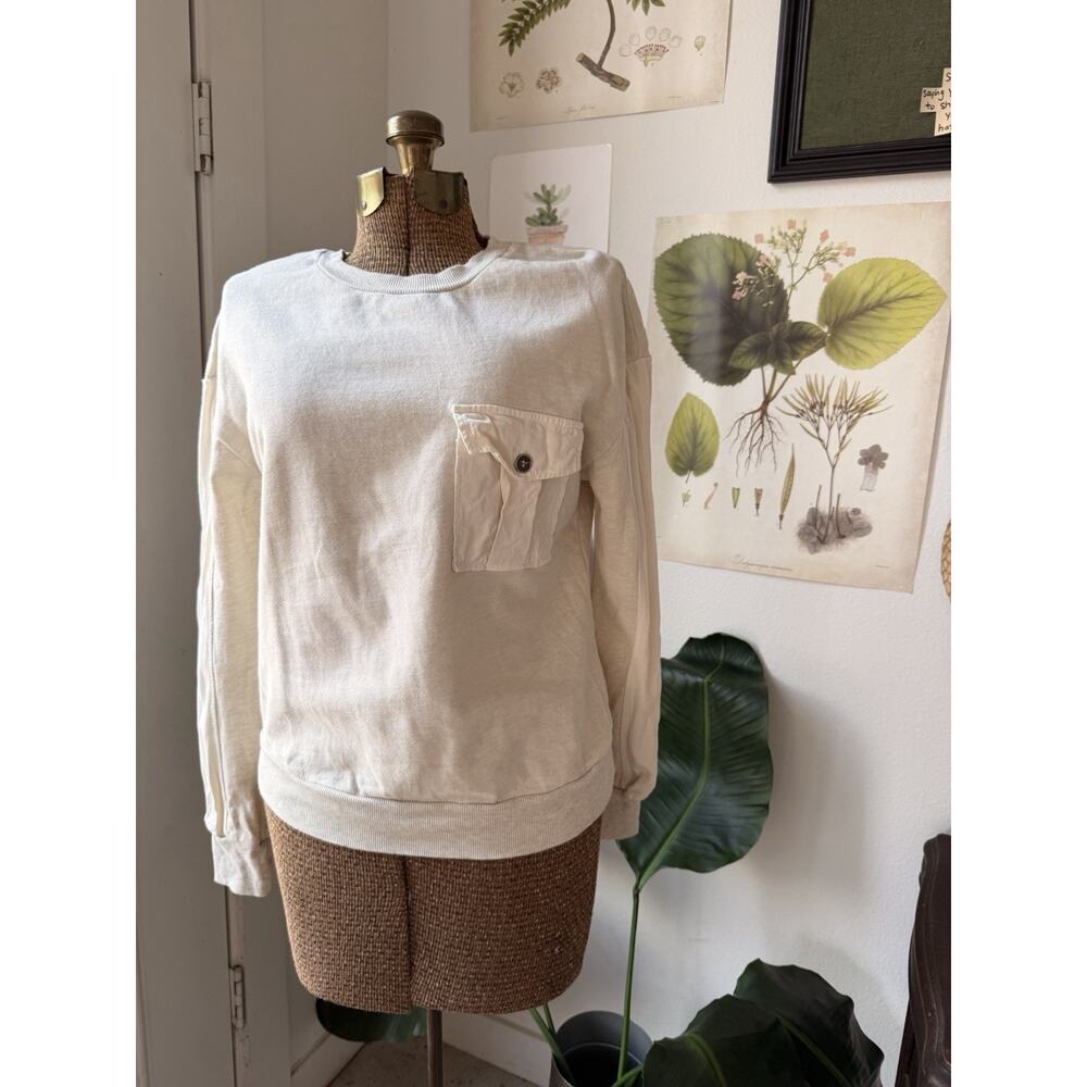 Anthropologie t.la Cream Sweatshirt XS Balloon Sleeve Pocket Pullover Casual Top